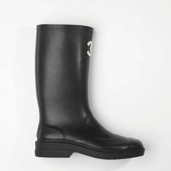 Chanel 22A Black White Caoutchouc CC Logo High Pull On Rubber Rain Boots 42 - Picture 3 of 12